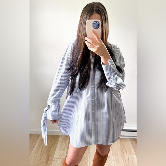 Halogen Blue White Stripe Button Down Tunic Shirt Dress sz 1 - Picture 1 of 12